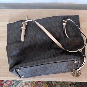 Women's Michael Kors Brown Monogram Logo Shoulder Bag Tote with Zipper